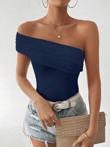 SHEIN LUNE Summer Casual Slim-Fit Solid Color Oblique Shoulder T-Shirt - Navy Blue - View 6