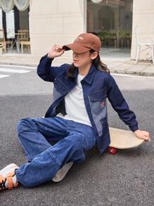 Boys' Casual Denim Shirt, Daily Wear And College-Style, Patchwork Design On The Shoulder - Dark Wash - View 6