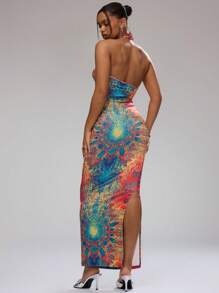 MUSERA Print Cut Out Halter Neck Maxi Dress Ibiza Fits Boho Spring Vacation Summer Festival - Multicolor - View 2