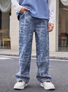 SHEIN Tween Boys' Medium Washed Blue Loose Straight Leg Denim Pants With Distressed Fabric Patch - Medium Wash - View 7