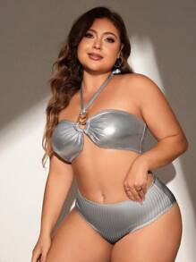 SHEIN Swim Curve 大码女式银色简约日常吊带比基尼上衣夏季 - 銀色 - 查看 4