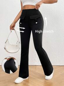 SHEIN Essnce Leggings para mujer con piernas acampanadas con bolsillos y espalda en forma de V, que absorben la humedad y se secan rápidamente