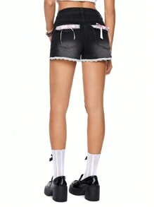 ROMWE Kawaii Women Lace Denim Shorts - Black - View 3