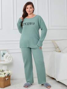 2Pcs Cottonline Slogan Printed Long Sleeve Shirt And Long Bottoms Homewear PJ Set - Green - View 3