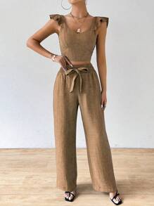 SHEIN Clasi Women's Casual Summer Top With Ruffle Hem And Loose Pants Two-Piece Set - Khaki - View 5