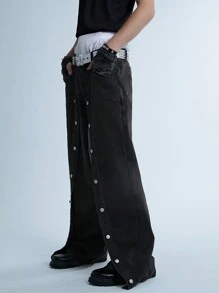 Manfinity Denimwave Jeans de mezclilla negra de pierna ancha para hombre con estilo retro callejero Y2K, diseño de parches especiales y botones, pantalones vaqueros holgados