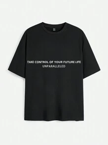 Manfinity VCAY Men's Loose Fit English Letter Printed Short Sleeve T-Shirt, Suitable For Summer