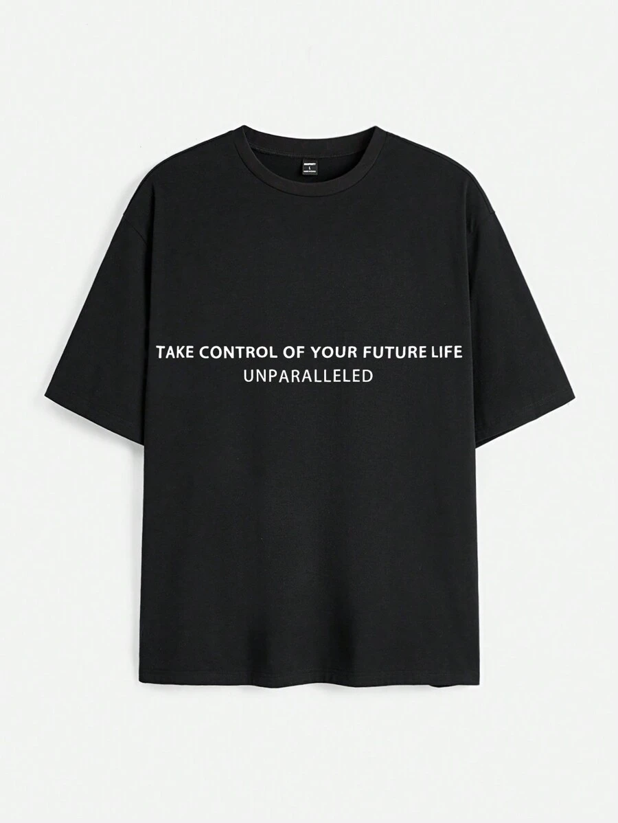 Manfinity VCAY Men's Loose Fit English Letter Printed Short Sleeve T-Shirt, Suitable For Summer