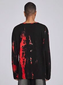 ROMWE MEN ROMWE Avant Men's Printed Simple Daily Round Neck Long Sleeve T-Shirt - Red - View 3