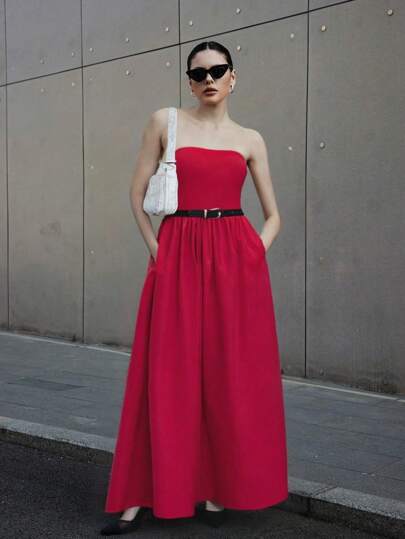 SHEIN Essnce Women's Summer  Top-Tight And Bottom-Wide Knitted Splicing Woven Casual Dress With Side Pockets