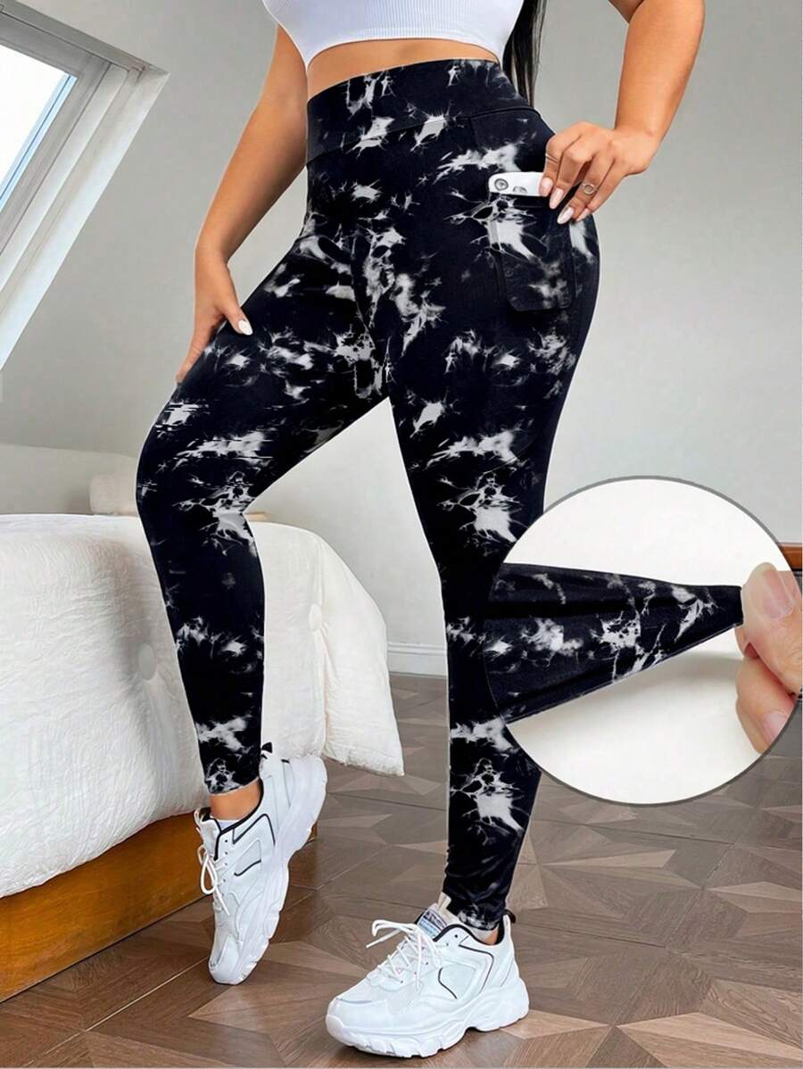 SHEIN EZwear Quần legging chạy bộ thể thao thông thường có kích thước lớn - Đen và trắng - Xem 1