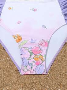 Teen Girl Separated Bikini Set, Spaghetti Strap Open Back Ruched Top And Floral Printed Bottoms Summer Beach - Multicolor - View 5