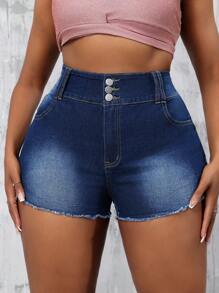 Slaydiva Plus Size Women's Plain Simple Denim Shorts, Casual - Dark Wash - View 3