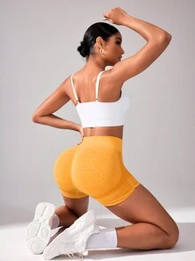Seamluxe SHEIN Sport Basic Yoga Seamless High Waist Compression Shorts With Butt Lift, Stretch Fit - Yellow - View 9
