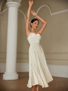 Chiquease Elegant Pleated Hemline And Delicate Cup Design Bodycon Dress With Spaghetti Straps For A Sexy Figure - Apricot - View 1