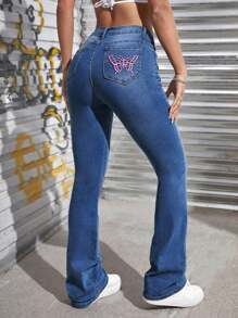 SHEIN ICON 女士蝴蝶刺绣日常喇叭牛仔裤 - 深色水洗藍 - 查看 1