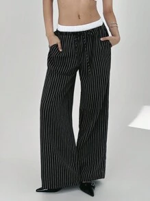 SHEIN EZwear Black Woven Women's Striped Contrast Color Pants - Black and White - View 4
