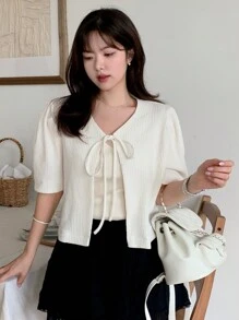 DAZY 纯色短袖系带前 V 领女式衬衫夏季 - 白色 - 查看 11