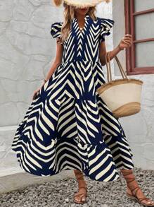 SHEIN LUNE Women's Floral Allover Print Full Sleeve Lace Hem Pleated Dress, Casual & Vacation Maxi Women Outfit