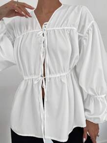 Siren Gaze 女士新款白色褶飾細節V領綁帶長袖襯衫 - 白色 - 查看 6