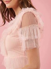 Enchnt 女士純色V領荷葉邊短袖連衣裙