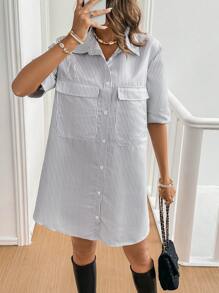 SHEIN Frenchy 女性條紋印花簡約日常連衣裙 - 黑與白 - 查看 4