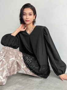 FRIFUL 女士純色簡約日常長袖襯衫 - 黑色 - 查看 8