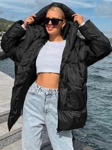 EURMUSE Zip Up Hooded Puffer Coat - Black - View 3