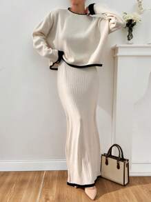 EURMUSE Navy Striped Trim Sweater Pullover And Pleated Skirt - Apricot - View 5