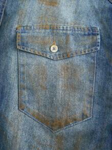 Manfinity Homme Men's Deep Blue Retro Distressed Denim Shirt In Soil-Stained Worn-Out Style, Loose Fit - Dark Wash - View 4