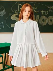 SHEIN Conjunto básico de 3 piezas para niña preadolescente: chaleco, camisa y falda plisada, ropa de vuelta al colegio - Blanco y Negro - Ver 4