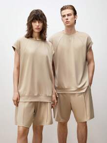 Manfinity VCAY Men's Knitted Loose Casual Raglan Sleeve Round Neck T-Shirt And High Waist Slim Shorts Set, Suitable For Summer - Khaki - View 1