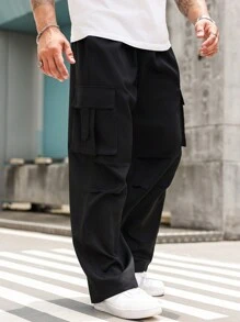 Manfinity LEGND 男士加大码休闲纯色抽绳腰直筒工装裤，外出纯色长裤黑色裤子，适合老公、男朋友的礼物，适合秋季 - 黑色 - 查看 5