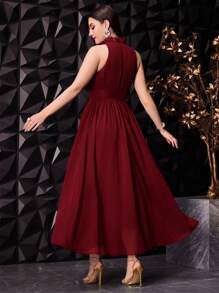 Modelyn Váy hở vai đơn giản hàng ngày màu đỏ tía cho nữ, váy dự tiệc dài dạ hội - Màu Đỏ Sâu - Xem 2