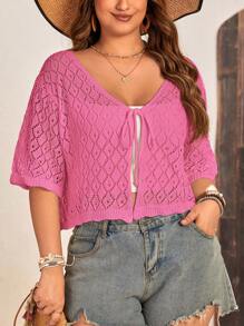 SHEIN VCAY 大尺碼純色系帶扣休閒日常短袖開襟針織外套 - 玫紅色 - 查看 4