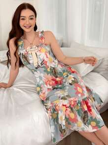 Dream Adore Vestido holgado de pijama con estampado floral, decoración de moño, volantes en los tirantes y detalle de moño para mujeres, para vacaciones