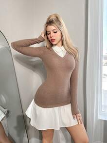 Sweetina 女士長袖拼接Y2K Preppy修身迷你裙 - 彩色 - 查看 3