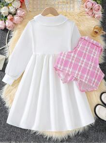 Tween Girl Plaid Sleeveless Open-Front Jacket And Long-Sleeved Button-Front Dress Set, Casual Vacation