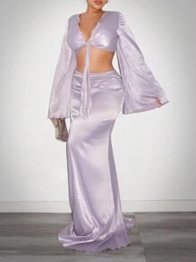 SHEIN SXY Ensemble Robe Invitée de Mariage Femme Chemise à Manches Longues en Satin Nouée et Jupe Longue Élégante