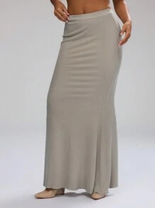 MUSERA 前开衩弹力长裙，优雅性感，适合夏季派对度假穿着 - 杏色 - 查看 1