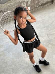 SHEIN 2pcs Young Girl Solid Color Knit Letter Tape Vest Top & Shorts Sports Set - Black - View 8