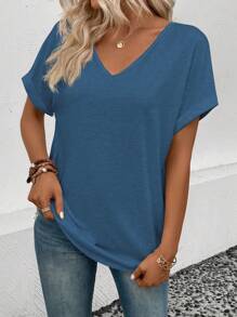 SHEIN LUNE 女士V領純色蝙蝠袖夏季休閒T恤，適用於日常穿著 - 藍色 - 查看 4