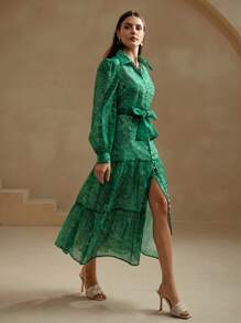 Anewsta Vestido camisero largo y elegante con cintura ajustada, de diseño semitransparente con estampado de lino tipo vacacional, para mujer - Verde - Ver 3