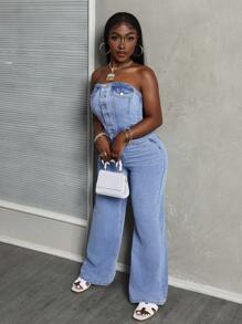 Slaydiva Women Strapless Denim Jumpsuit With Front Button Placket, Pockets, And Sleeveless Design - Light Wash - View 4