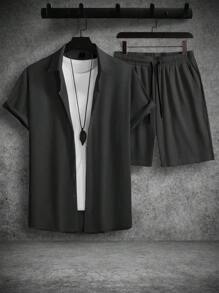 Manfinity Homme Conjunto de ropa de verano para hombre con camisa casual de manga corta y pantalones cortos de un solo pecho liso - Negro - Ver 3