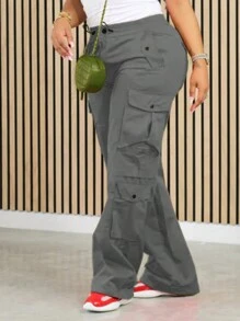 Women Button Decorated Straight Casual Pocket Cargo Pants - Grey - View 2