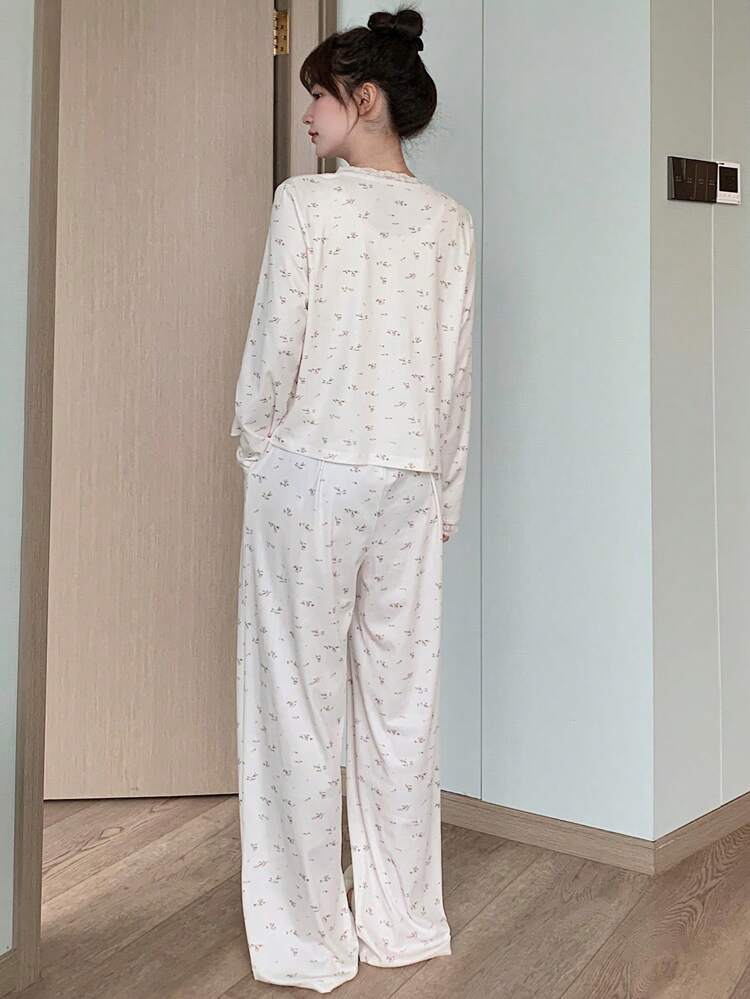 3pcs Ditsy Floral Lace Trimmed White Pajama Set, Fall Winter Clothes