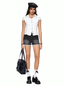 ROMWE Kawaii Women Lace Denim Shorts - Black - View 2