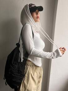 DAZY Women's Spring/Summer Casual Solid Color Drawstring Hooded Slim Fit T-Shirt Long Sleeve Women Tops - White - View 4