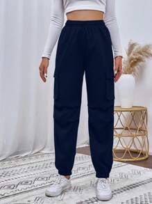 SHEIN Unity 女性高腰直筒休閒時尚百搭長褲，附口袋 - 藍色 - 查看 3